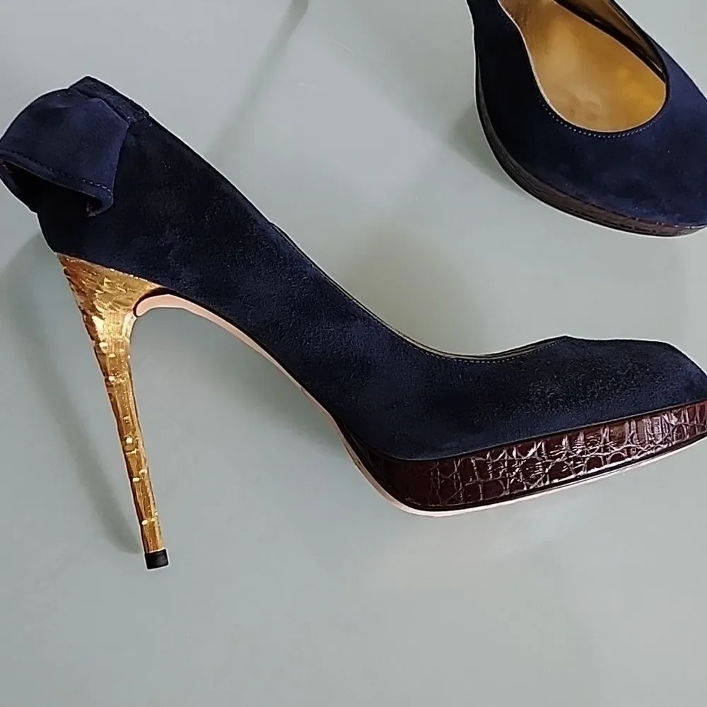 DSQUARED2 New Blue‎ Velvet Peep Toe Textured Gold Stiletto Heels Size 7.5